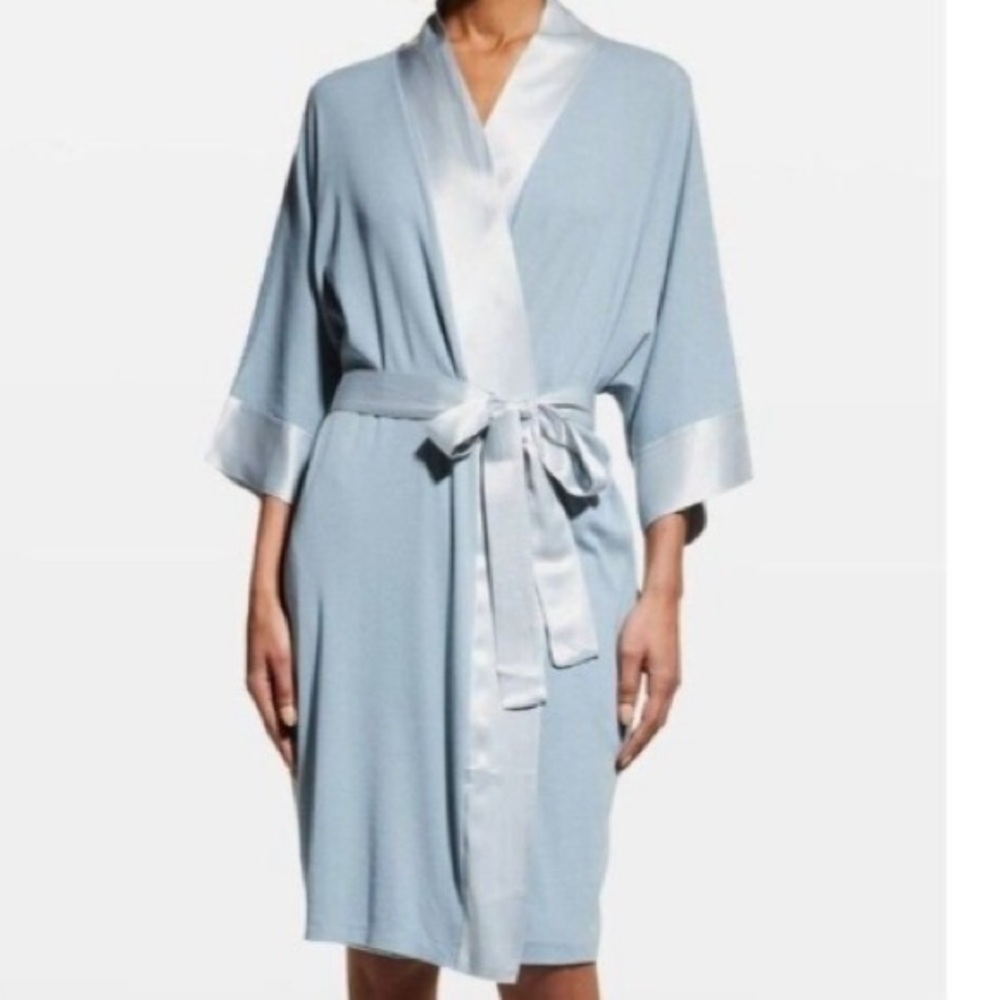 PJ Harlow Shala Rib Knit Wrap Robe Kimono Blue with Satin Trim XS / S